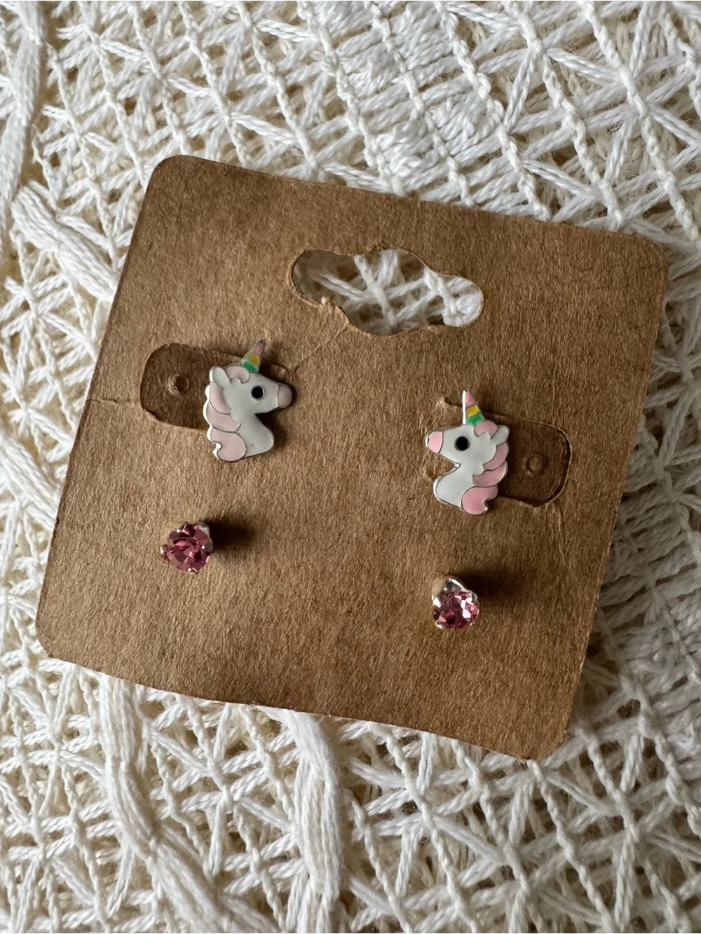Girls Unicorn and Pink Crystal Stud Sterling Silver Earring Set